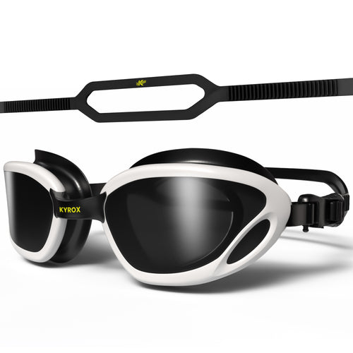 Kyrox Aqua Racing Swim Goggles – Hydrodynamic Fit with Anti-Fog Mirror Lenses - Black & white